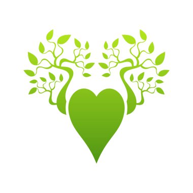 Arka planda ağaç dalları olan yeşil aşk işareti