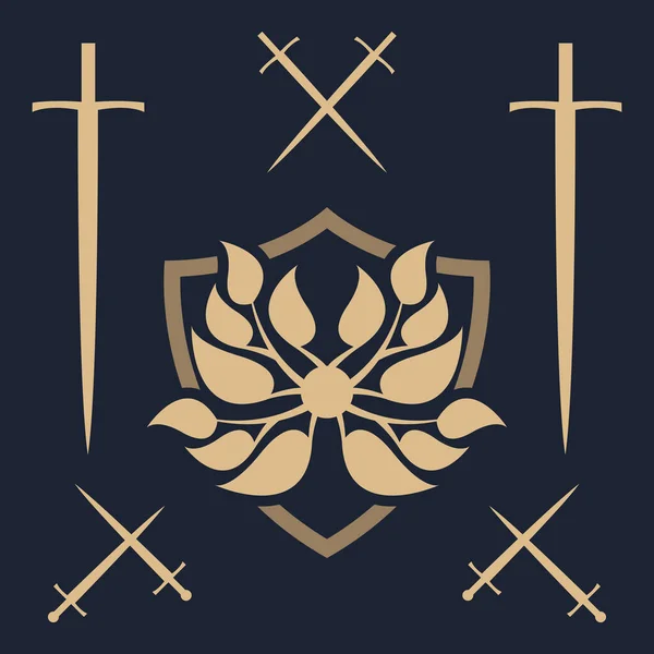 Florales Schild Und Schwerter Symbol Auf Schwarzem Hintergrund — Stockvektor
