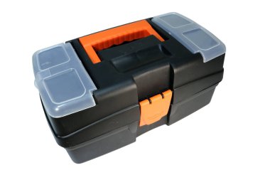 Beyaz arka planda bir alet kutusu. İnşaat ve onarım. 