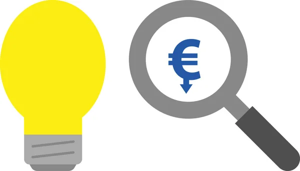 Lampje met Vergrootglas omvat euro met pijl naar beneden — Stockvector