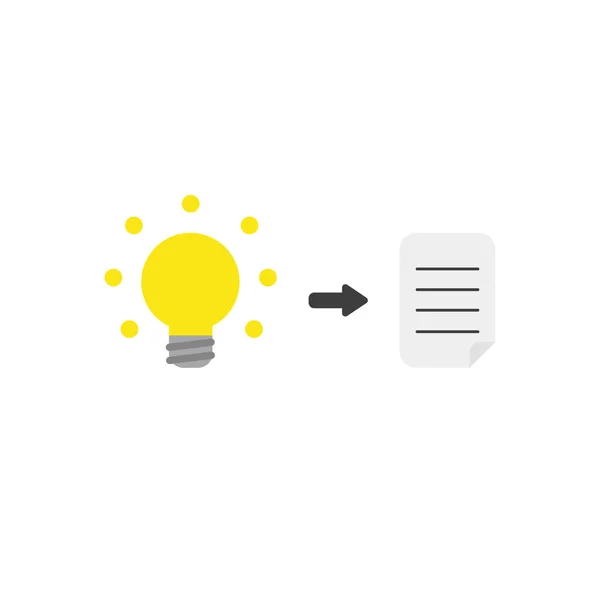 Flaches Designvektorkonzept zum Schreiben von Ideen auf Papier, Glühbirne und — Stockvektor