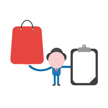 Vektör çizim işadamı holding alışveriş çantası ve clipboa