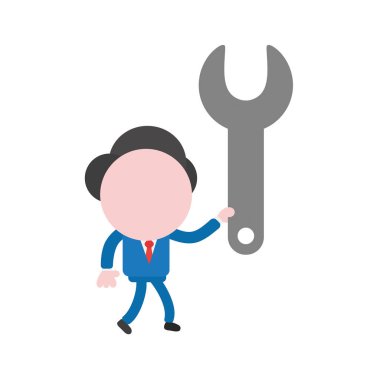 Yürüyüş ve somun anahtarı tutan vektör illüstrasyon iş adamı