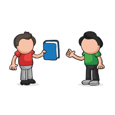 Vektör çizilmiş karikatür kitabı başka bir adama veren adam