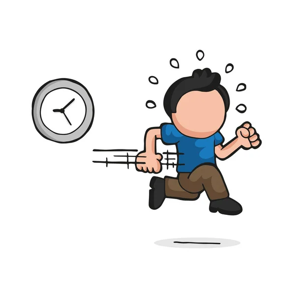 Vettore disegnato a mano cartone animato di uomo in ritardo con orologio — Vettoriale Stock