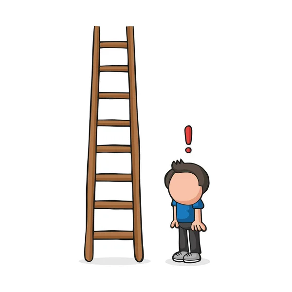 Vector hand-drawn cartoon of man looking wooden ladder with excl — Stock Vector
