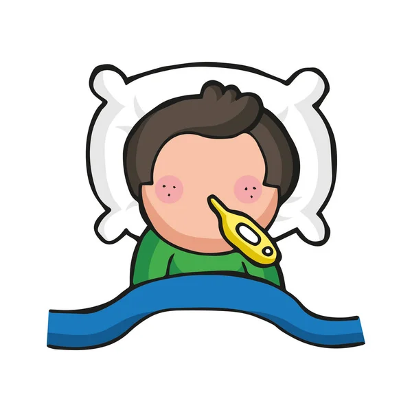 Vektor kreslené karikatura člověka, ležící v posteli a nemocní s chřipkou s — Stockový vektor