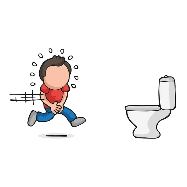 Dessin animé vectoriel dessiné à la main de l'homme courant pisser sur un bol de toilette — Image vectorielle