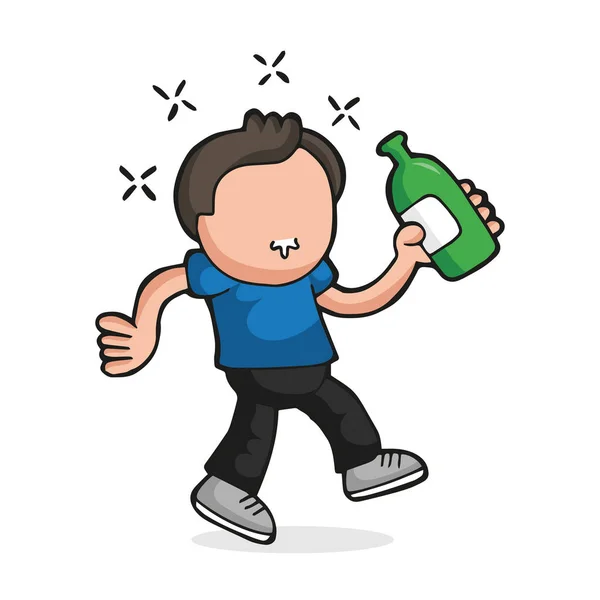 Vettore disegnato a mano cartone animato di ubriaco uomo che cammina in possesso di bottiglia di — Vettoriale Stock