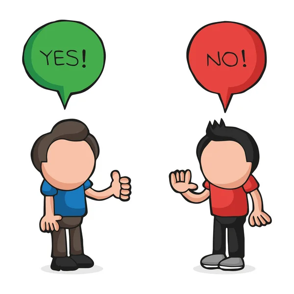 Vector desenho animado desenhado à mão de dois homens argumentando sim não em discurso bu — Vetor de Stock