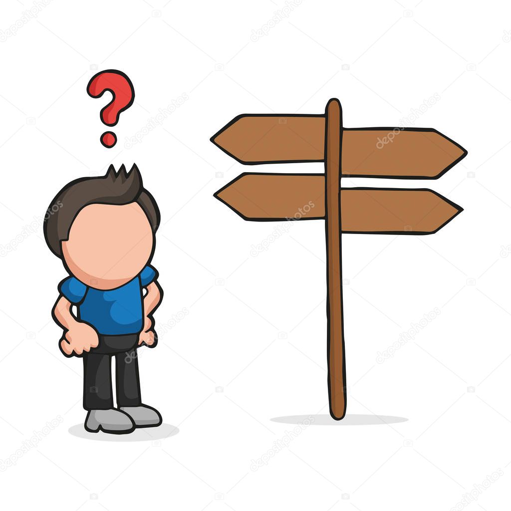 Vector hand-drawn cartoon of confused lost man standing in front