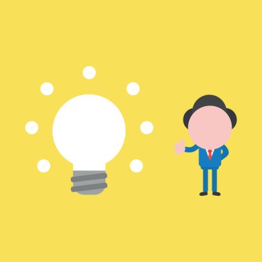 Parlak ampul fikri olan vektör suratsız iş adamı.