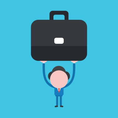 Mavi zemin üzerinde taşıyıcı yüzü olmayan işadamı evrak çantasını tutuyor.