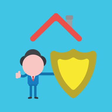 Evin çatısının altında koruyucu kalkanı olan vektör yüzsüz iş adamı.