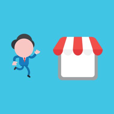 Mavi arka sokaktaki mağazaya koşan yüzü olmayan vektör işadamı.