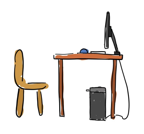 Hand drawn vector sketch illustration of computer desk  and chai — 스톡 벡터