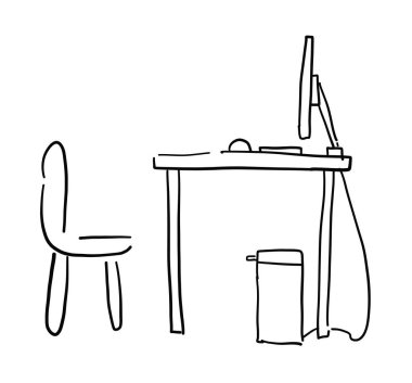 El çizimi vektör çizimi bilgisayar masası ve çay çizimi