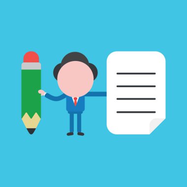 Kalem ve yazıyla işadamı karakterinin vektör çizimi