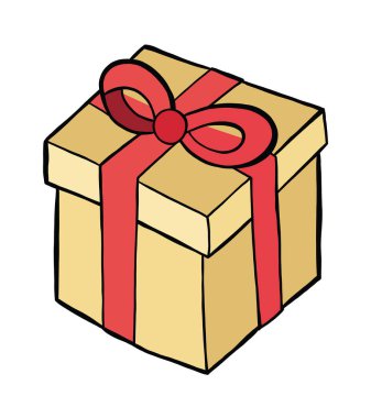 Hediye kutusunun vektör eliyle çizilmiş hali. Siyah çizgiler ve renkli.