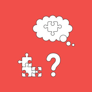 Üç parçalı bulmaca, soru işareti ve kayıp yapboz parçasının vektör illüstrasyon ikonu konsepti. Siyah çizgiler, kırmızı arkaplan.