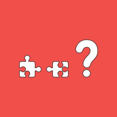 İki uyumsuz yapboz ve soru işareti içeren vektör illüstrasyon konsepti. Siyah çizgiler, kırmızı arkaplan.