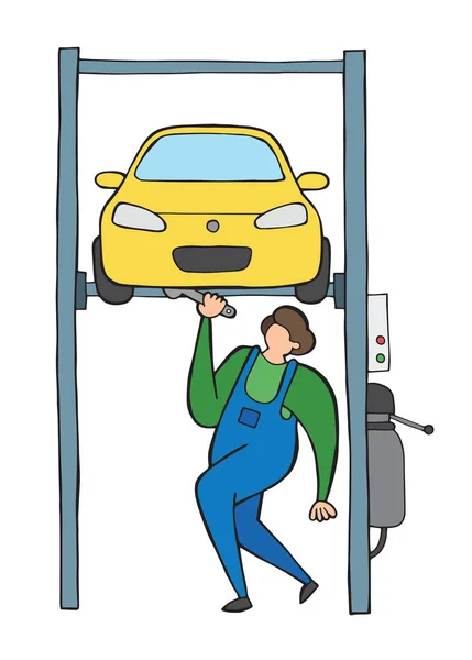 Vecteur Réparateur Voiture Soulevé Voiture Auto Ascenseur Fixation Illustration Dessinée — Image vectorielle