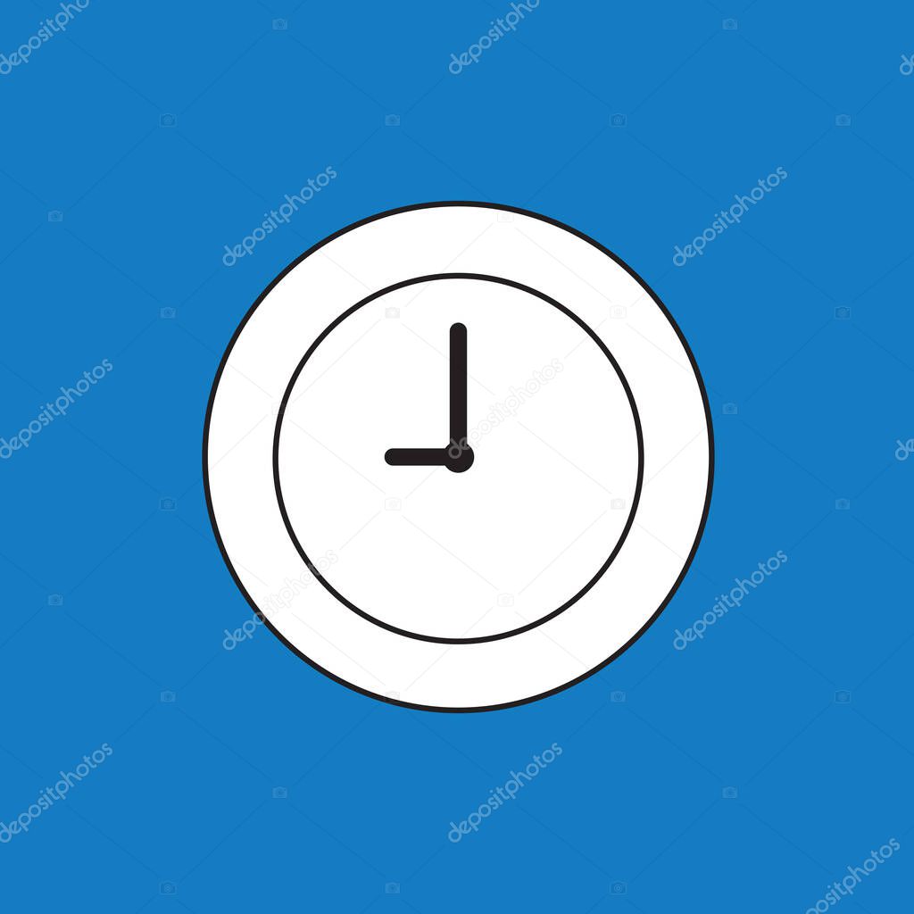 Vector illustration icon concept of clock time. Black outlines, blue background.