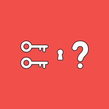 Anahtar deliği ve soru işareti olan iki anahtar simge tasviri. Siyah çizgiler, kırmızı arkaplan.
