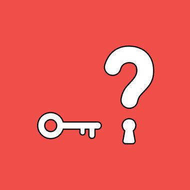 Anahtar ve anahtar delikli soru işareti vektör illüstrasyon kavramı. Siyah çizgiler, kırmızı arkaplan.