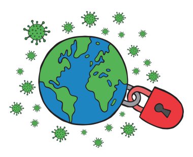 Corona virüsünün el çizimi vektör çizimi, covid-19. Dünya virüs yüzünden kapalıydı..