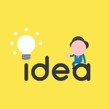 Işıldayan ampul ikonu ve başparmak işareti ile fikir kelime üzerine oturan işadamı karakterinin vektör çizimi.