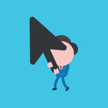 Bilgisayar faresi imleç ok simgesini tutan ve yürüyen işadamı karakterinin vektör çizimi.