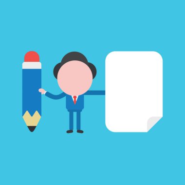 Kalem ve boş kağıt simgesi tutan işadamı karakterinin vektör çizimi.