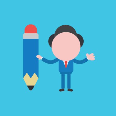 Kalem simgesi tutan işadamı karakterinin vektör illüstrasyonu.