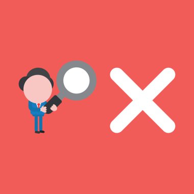 Büyüteç tutan ve x işaretini analiz eden işadamı karakterinin vektör çizimi.