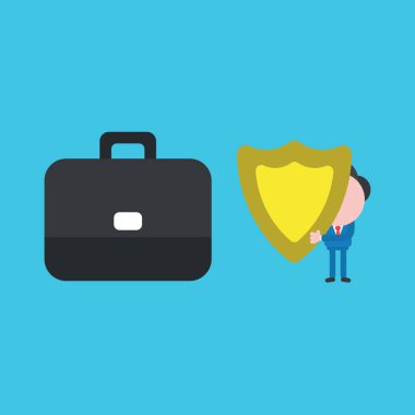 İş adamı karakterinin, elinde evrak çantasıyla kalkan koruması tutmasının vektör çizimi.