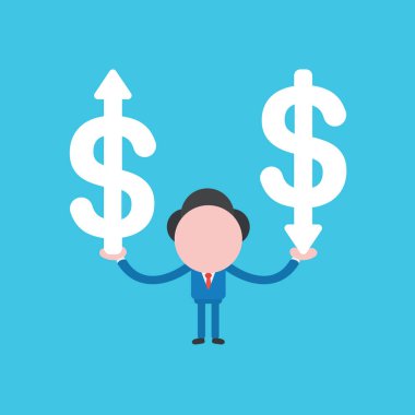 Bir yukarı bir aşağı hareket eden okları olan dolar sembolleri tutan işadamı karakterinin vektör çizimi.