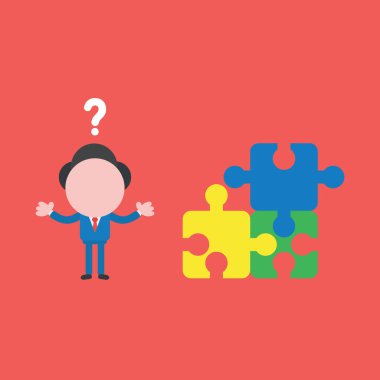 İşadamı karakter vektör çizim soru işareti ile karışık ve üç adet bağlı bulmaca ve parça biri yoksa.