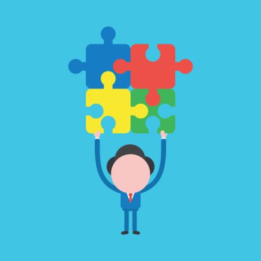 Bağlı dört bulmaca parçaları simgesi tutan işadamı karakter vektör çizim.