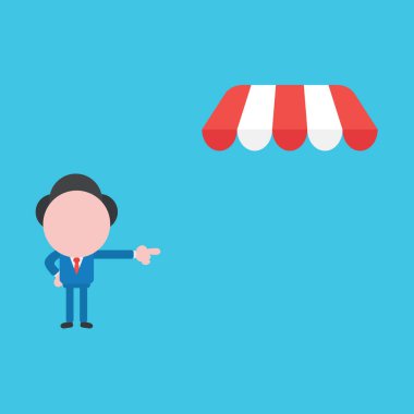 Mağaza tentesini gösteren işadamı karakterinin vektör çizimi.