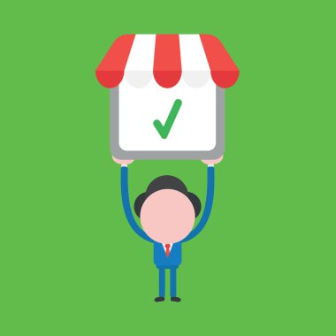 İşadamı karakterinin vektör illüstrasyonu dükkan simgesini işaretli tutuyor.