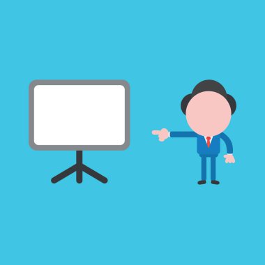 Boş sunum tahtasını işaret eden işadamı karakterinin vektör illüstrasyonu.