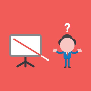 Karmaşık iş adamı karakterinin sunum tahtasında aşağı ve dışarı hareket eden ok ile vektör illüstrasyonu.