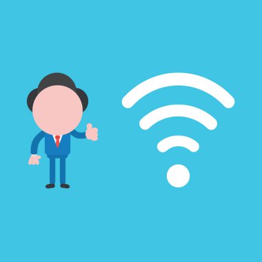 İşadamı karakterinin kablosuz internet sembolü ile baş parmak gösterimi.