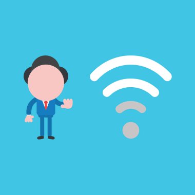 Vektör çizim düşük, zavallı wifi kablosuz sinyal ile iş adamı karakteri.