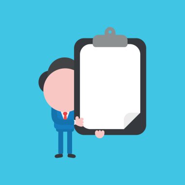 Boş kağıt ile pano tutan işadamı karakterinin vektör illüstrasyonu.