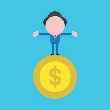 Dolar parasının üzerinde duran işadamı karakterinin vektör illüstrasyonu.