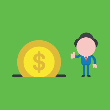 Para kutusu deliğine dolar parasıyla onay veren işadamı karakterinin vektör çizimi.