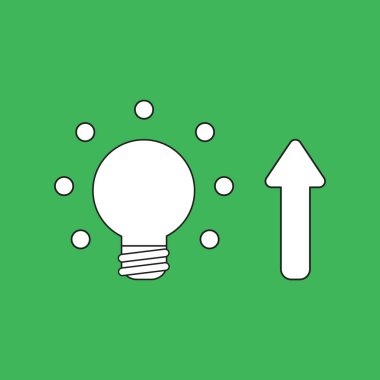 Yeşil oklu parlayan ampul vektör ikonu konsepti yükseliyor. Siyah çizgileri ve yeşil arkaplanı olan beyaz renk.