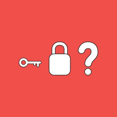 Anahtar simgesi konsepti, anahtar deliği ve soru işareti olmadan asma kilidi kapalı. Siyah çizgileri ve kırmızı arkaplanı olan beyaz renk.